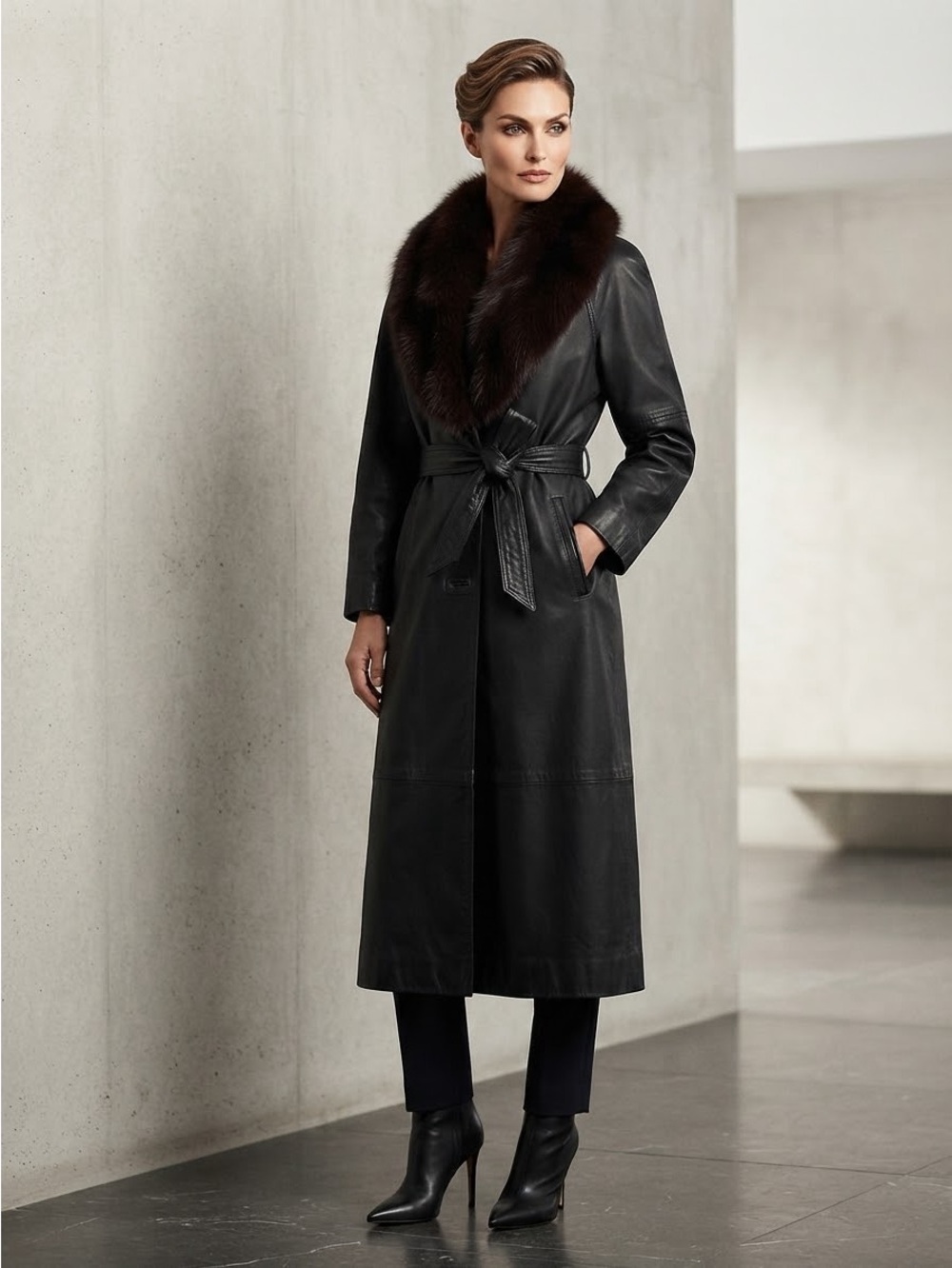 Vintage Renaissance Tie Waist faux Fur-Trim Leather Y2K Oversized Trench Coat XS
